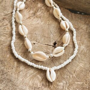 White Cream Gold Cowrie Shell Necklace Starfish Charm Layered Beach